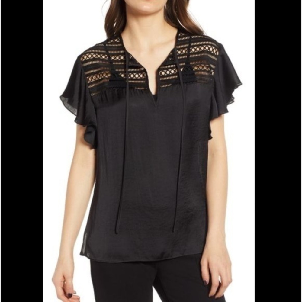 Bailey/44 Trance lace yoke black flutter sleeve blouse size S